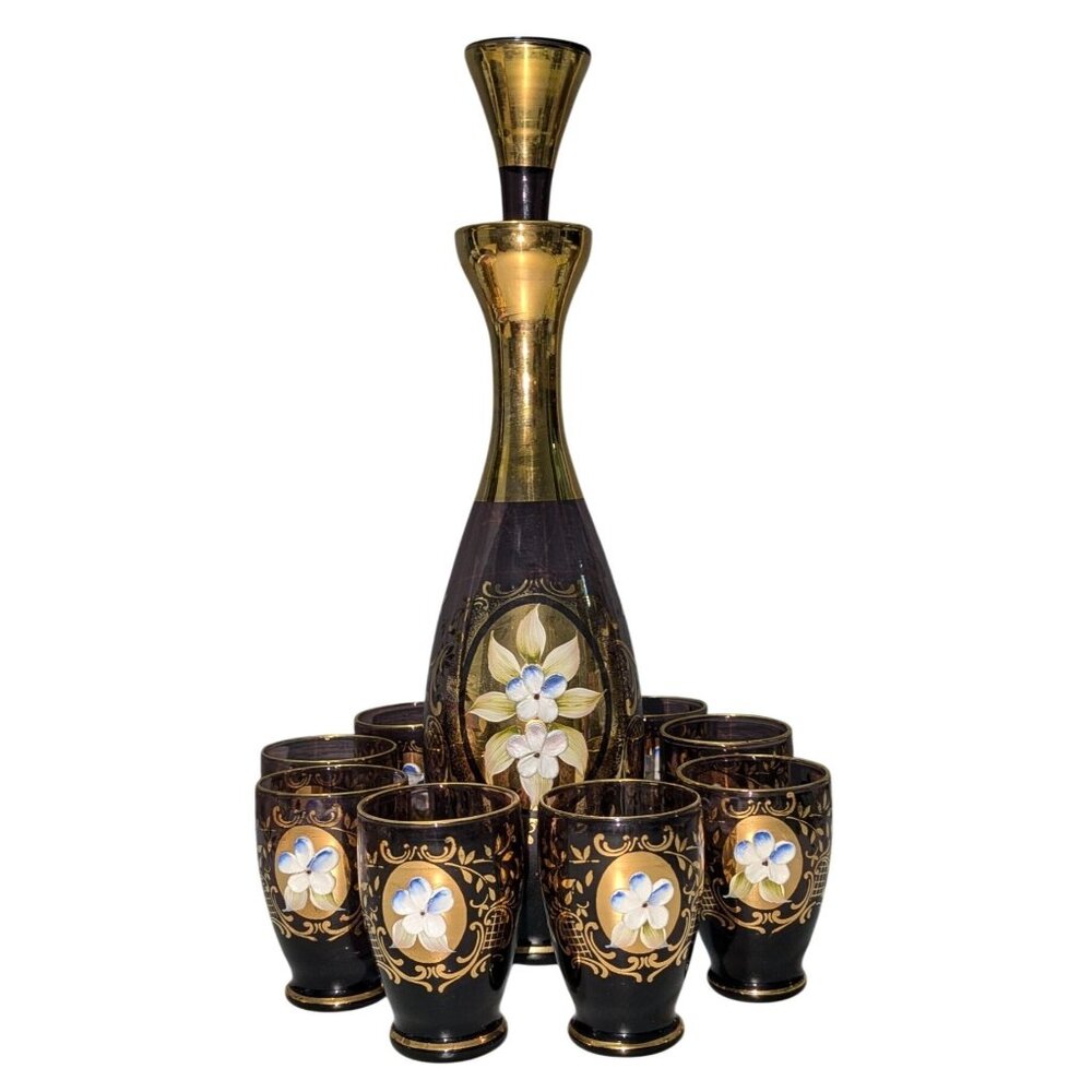 Vintage Amethyst Decanter Set 8 Hand-Painted Cups Gold Gilded Raised Floral Desi